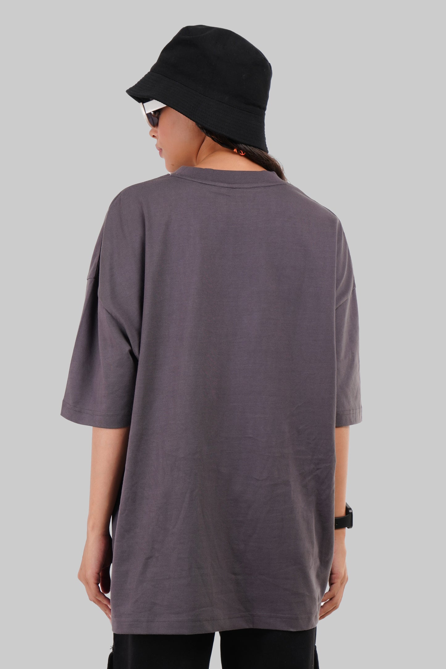 Solid Dark Grey Half Sleeves T-Shirt For Women Baggy Fit