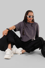 Solid Dark Grey Half Sleeves T-Shirt For Women Baggy Fit