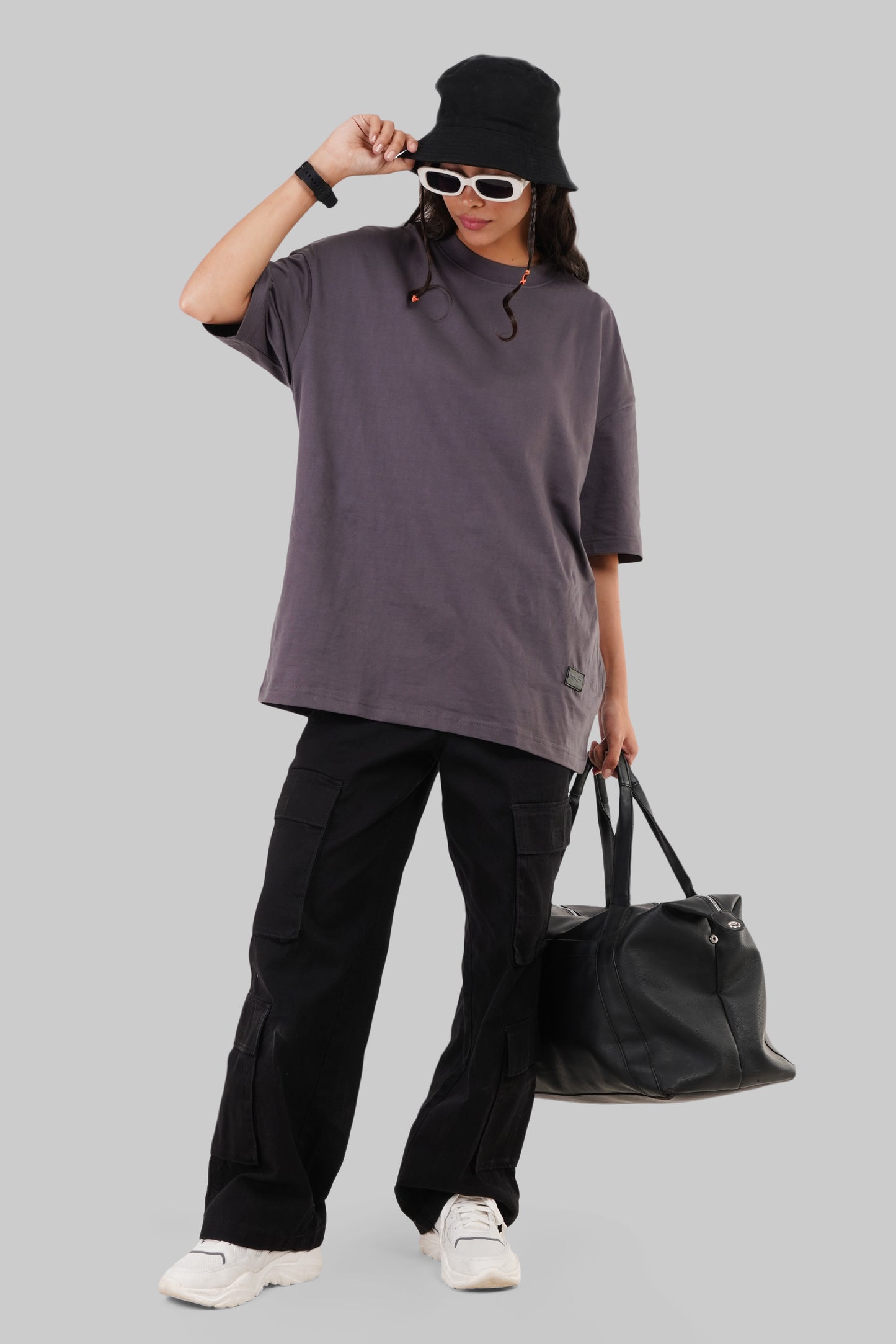 Solid Dark Grey Half Sleeves T-Shirt For Women Baggy Fit