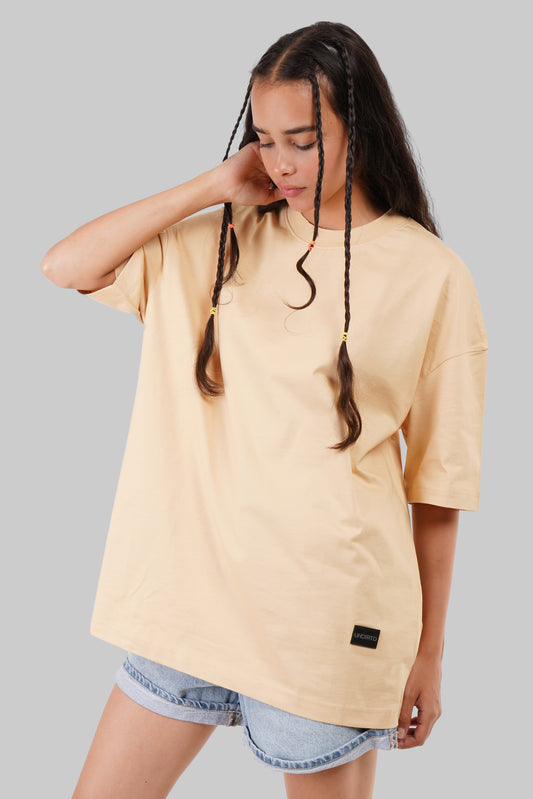 Solid Beige Half Sleeves T-Shirt For Women Baggy Fit