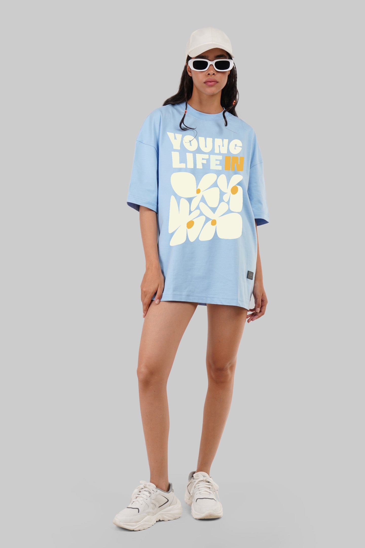 Floral Young Life Graphic Printed Sky Blue Baggy Fit T-Shirt Women