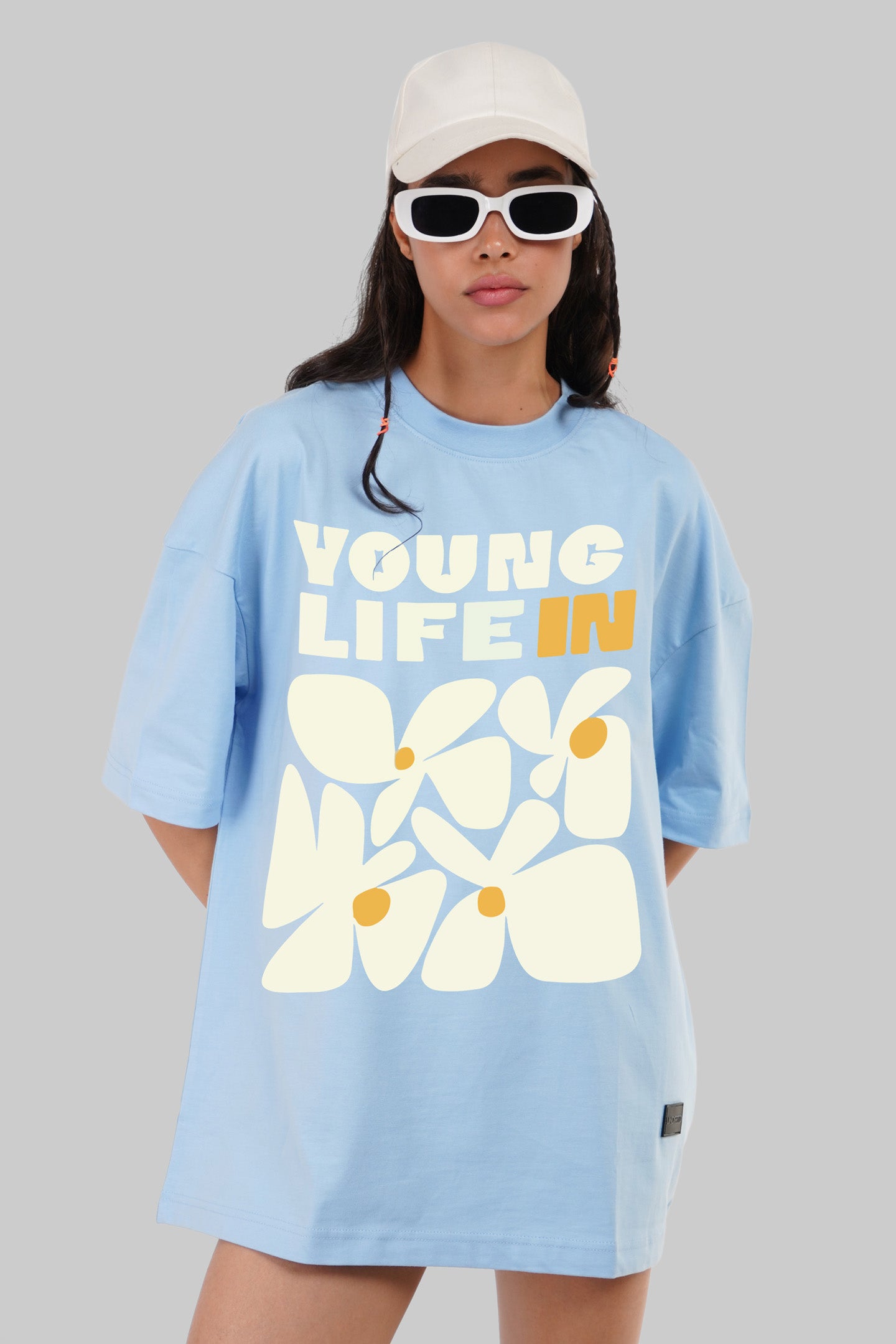 Floral Young Life Graphic Printed Sky Blue Baggy Fit T-Shirt Women