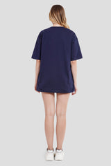 Only Drip Navy Blue Printed T Shirt Women Oversized Fit With Front Design Pic 2