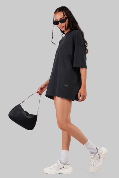 Solid Black Half Sleeves T-Shirt For Women Baggy Fit