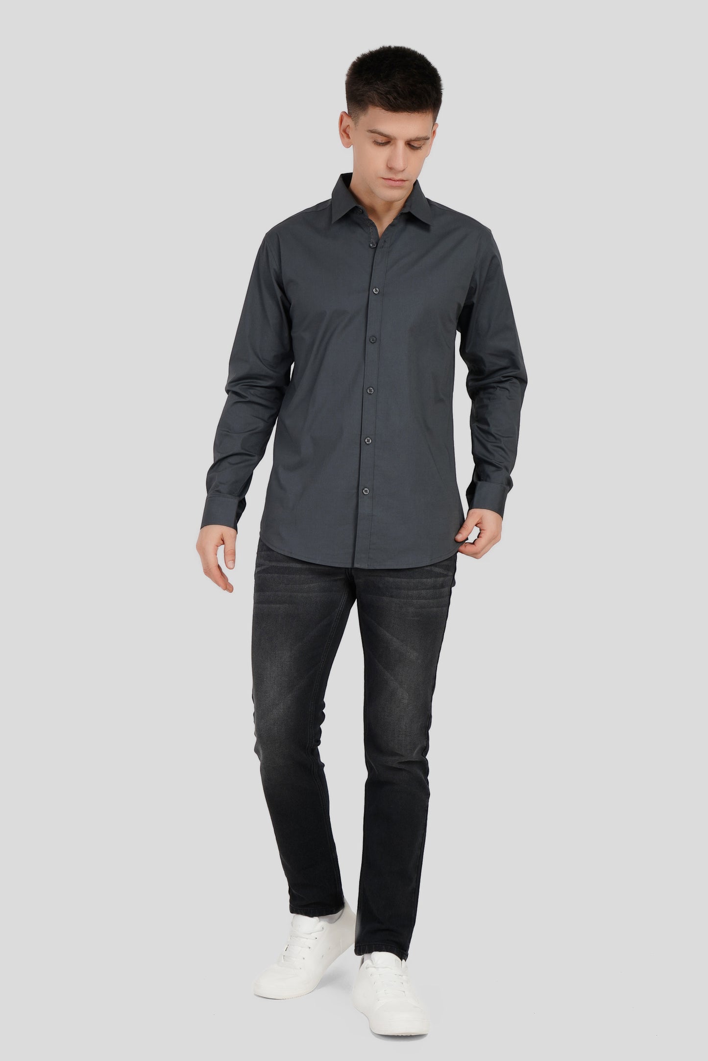 Slim Fit Grey Full Sleeves Plain Shirt Pic 5