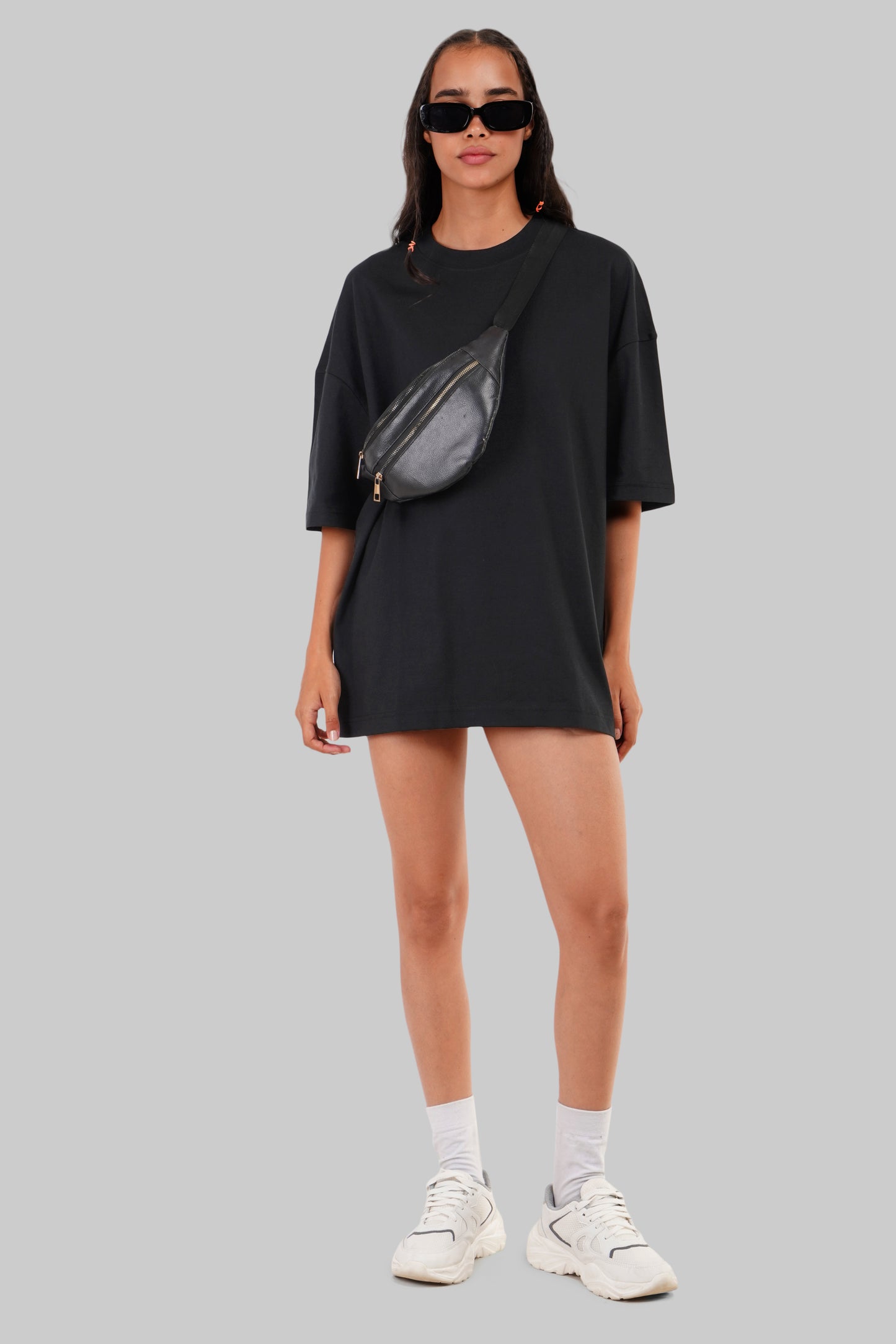 Solid Black Half Sleeves T-Shirt For Women Baggy Fit