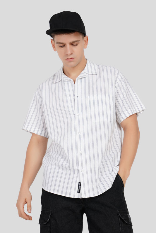 White Striped Cuban Collar Shirt