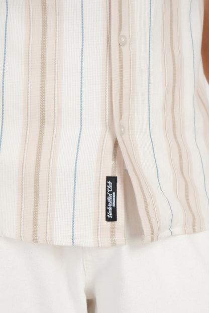 Beige Striped Textured Cuban Collar Shirt