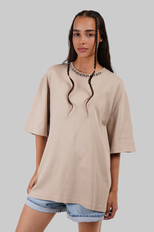 Beige Neck Logo Print Oversized T-Shirt For Women