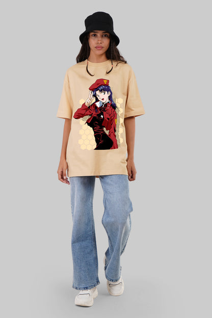 Anime Lady Beige Oversized Fit T-Shirt Women Pic 2