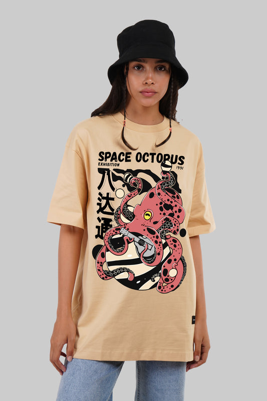 Space Octopus Beige Oversized Fit T-Shirt Women