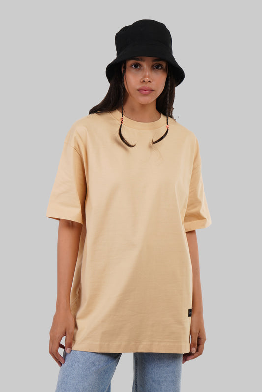 Solid Beige Half Sleeves T-Shirt For Women Oversized Fit