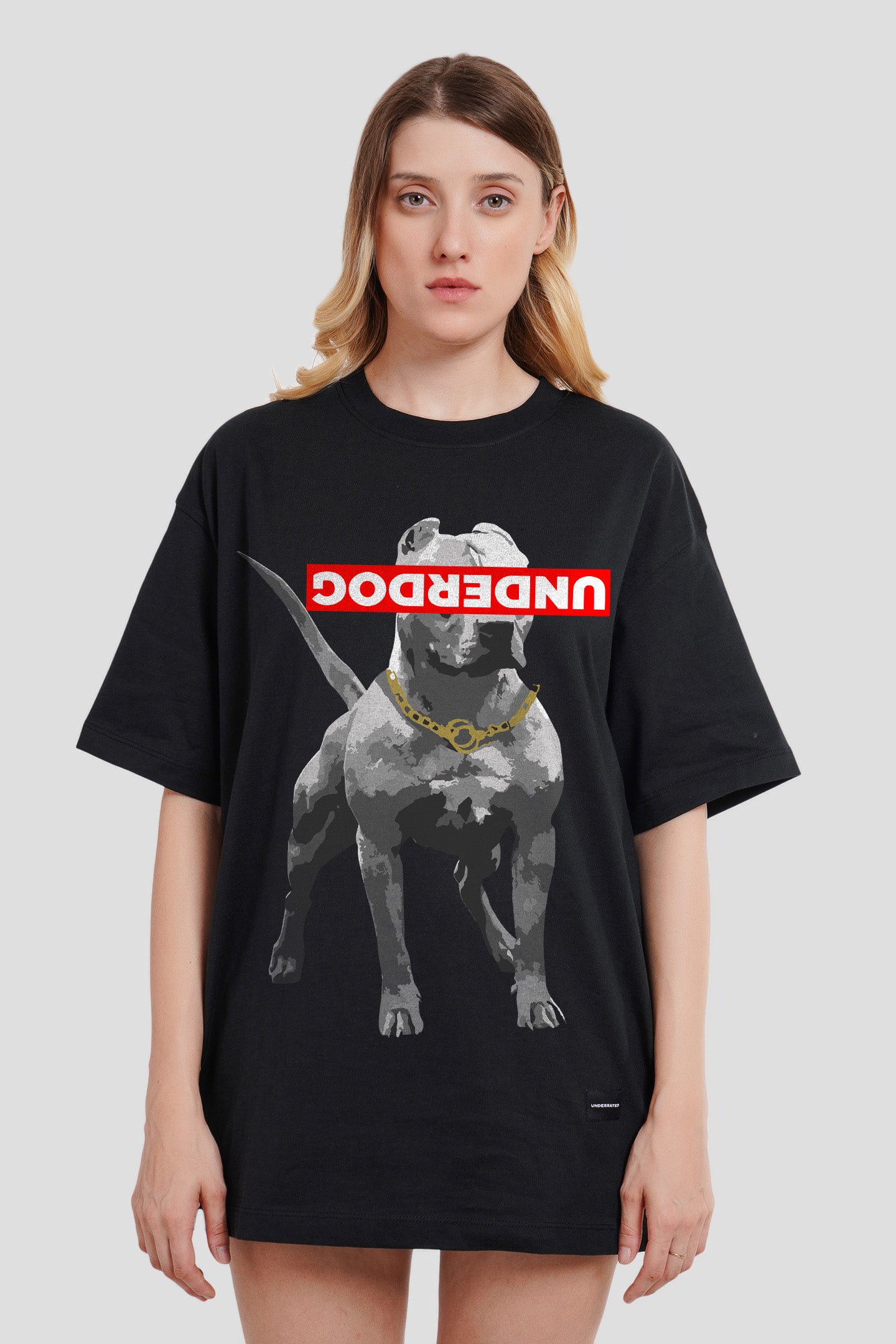 Underdog Black Printed T-Shirt Women Oversized Fit Pic 1