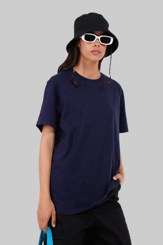 Solid Navy Blue Half Sleeves T-Shirt For Women Boyfriend Fit