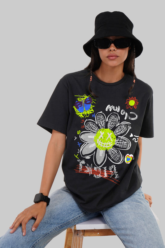 Chalk Flower Black Boyfriend Fit T-Shirt Women Pic 1