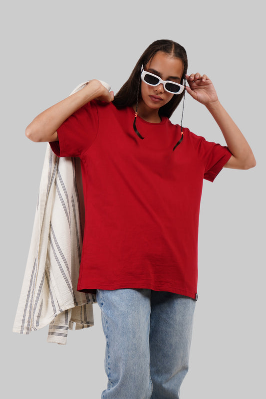 Solid Red Half Sleeves T-Shirt For Women Boyfriend Fit