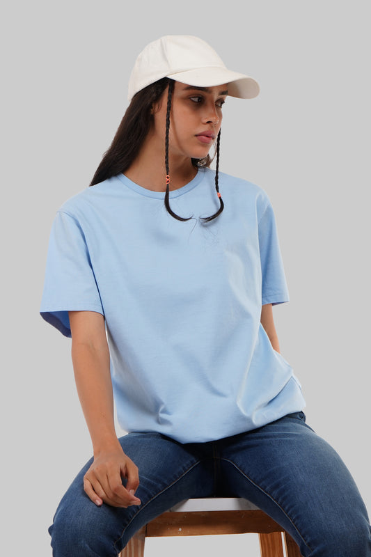 Solid Powder Blue Half Sleeves T-Shirt For Women Boyfriend Fit