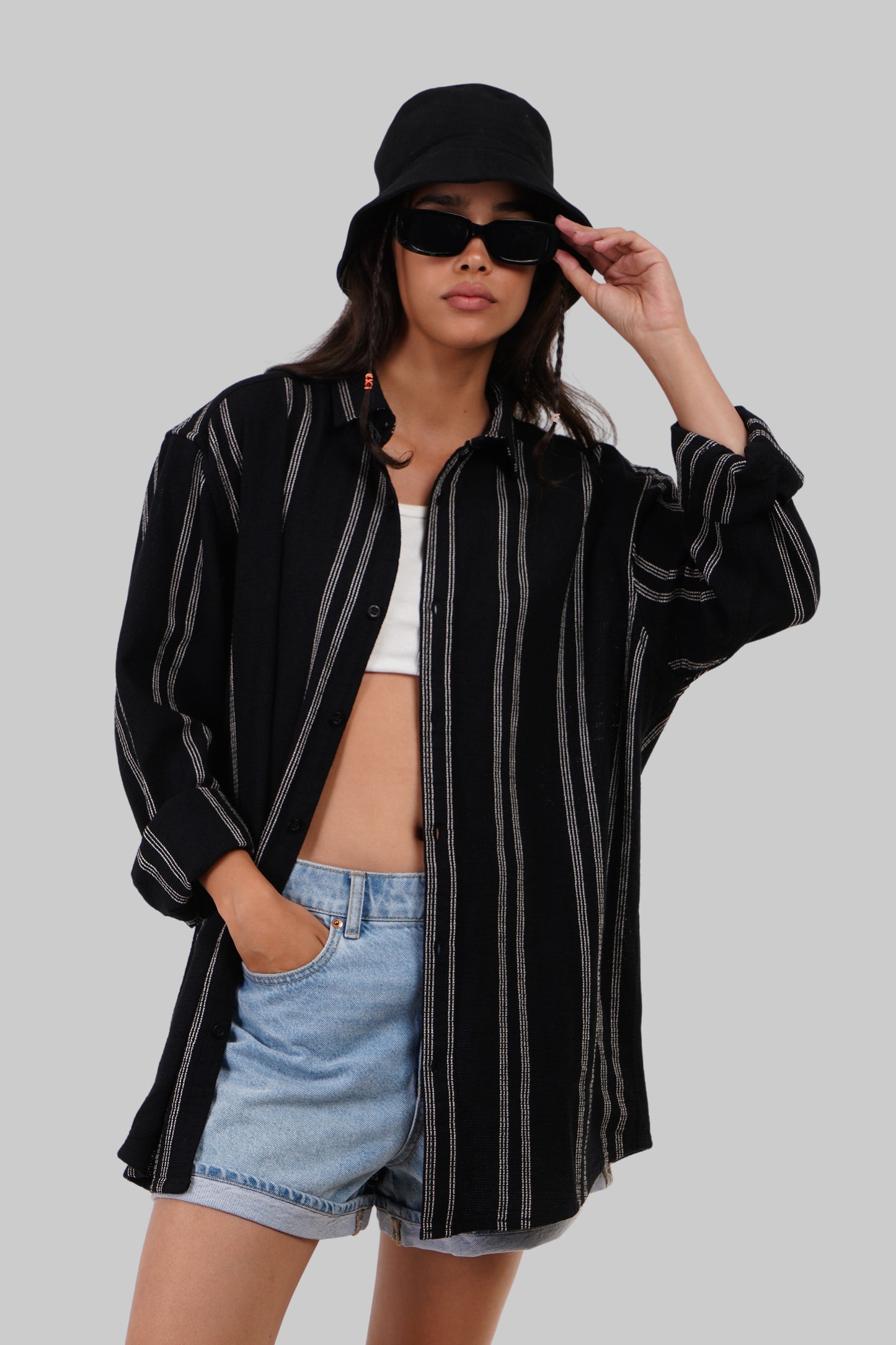 Black Striped Textured Overshirt