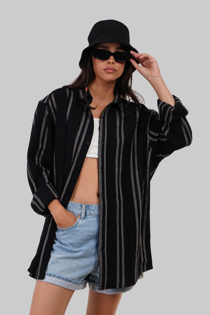 Black Striped Textured Overshirt