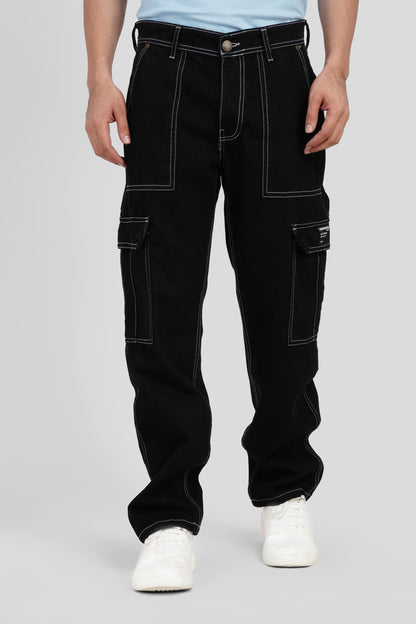 Black Mid Rise Regular Fit Men's Cargo Jeans