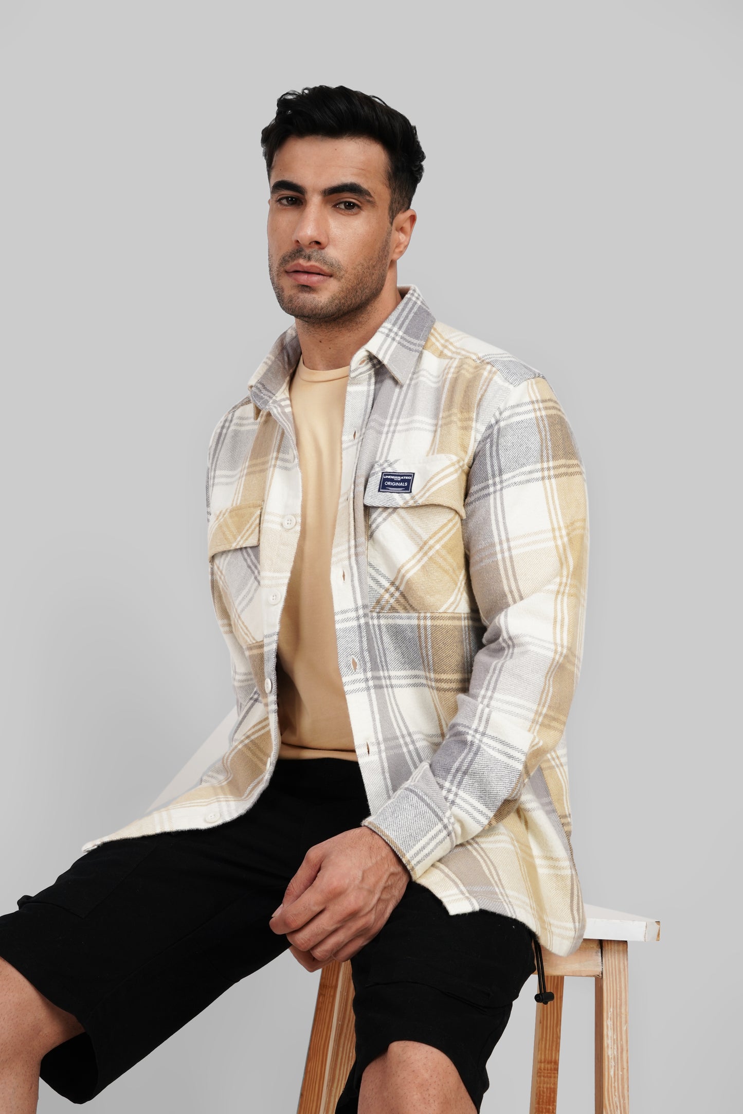 Beige Plaid Check Shacket