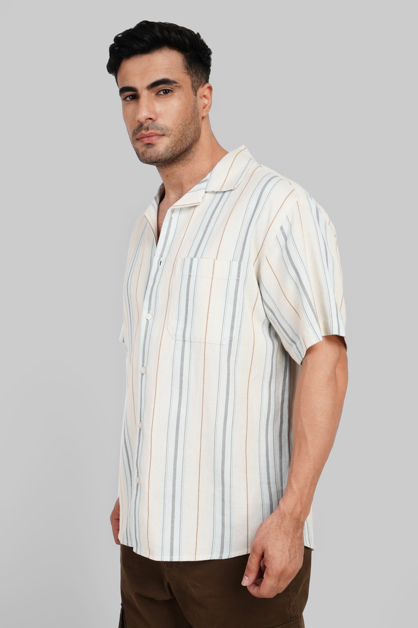 Blue Striped Textured Cuban Collar Shirt