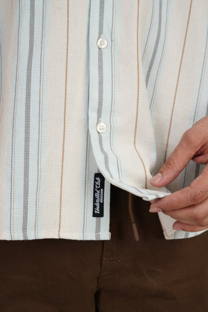 Blue Striped Textured Cuban Collar Shirt