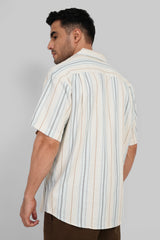 Blue Striped Textured Cuban Collar Shirt