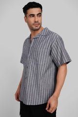 Grey Striped Cuban Collar Shirt