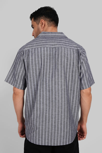 Grey Striped Cuban Collar Shirt