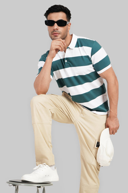 Classic Green Rugby Stripe Smart Fit Polo T-Shirt Pic 1