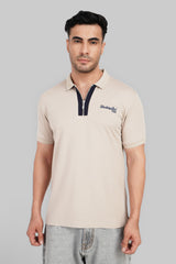 Beige Contrast Zipper Placket Polo T-Shirt