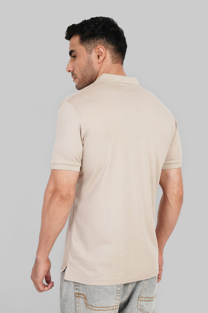 Beige Contrast Zipper Placket Polo T-Shirt