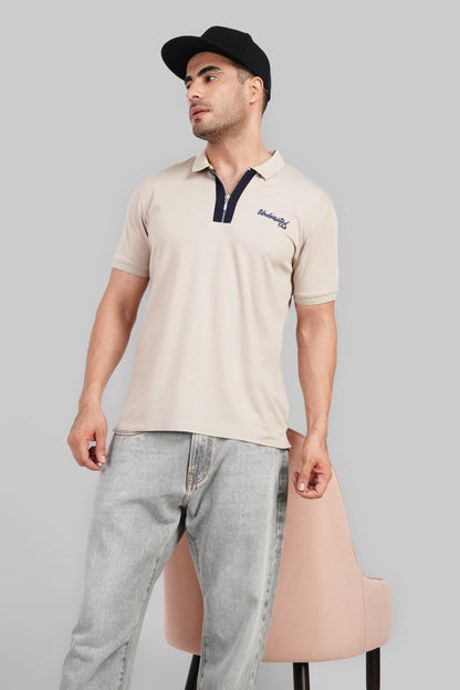 Beige Contrast Zipper Placket Polo T-Shirt