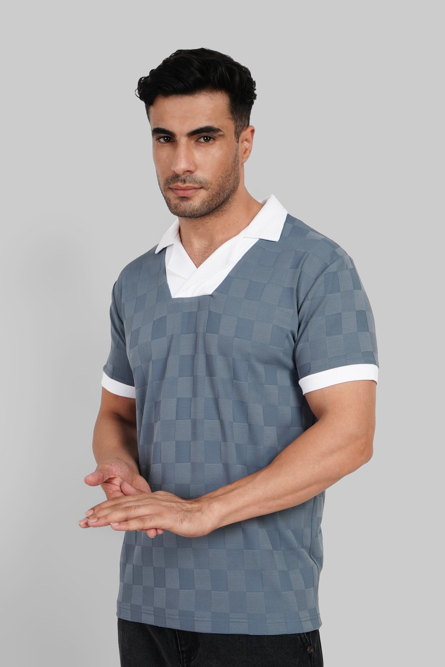 Blue Grey Textured Polo T-Shirt