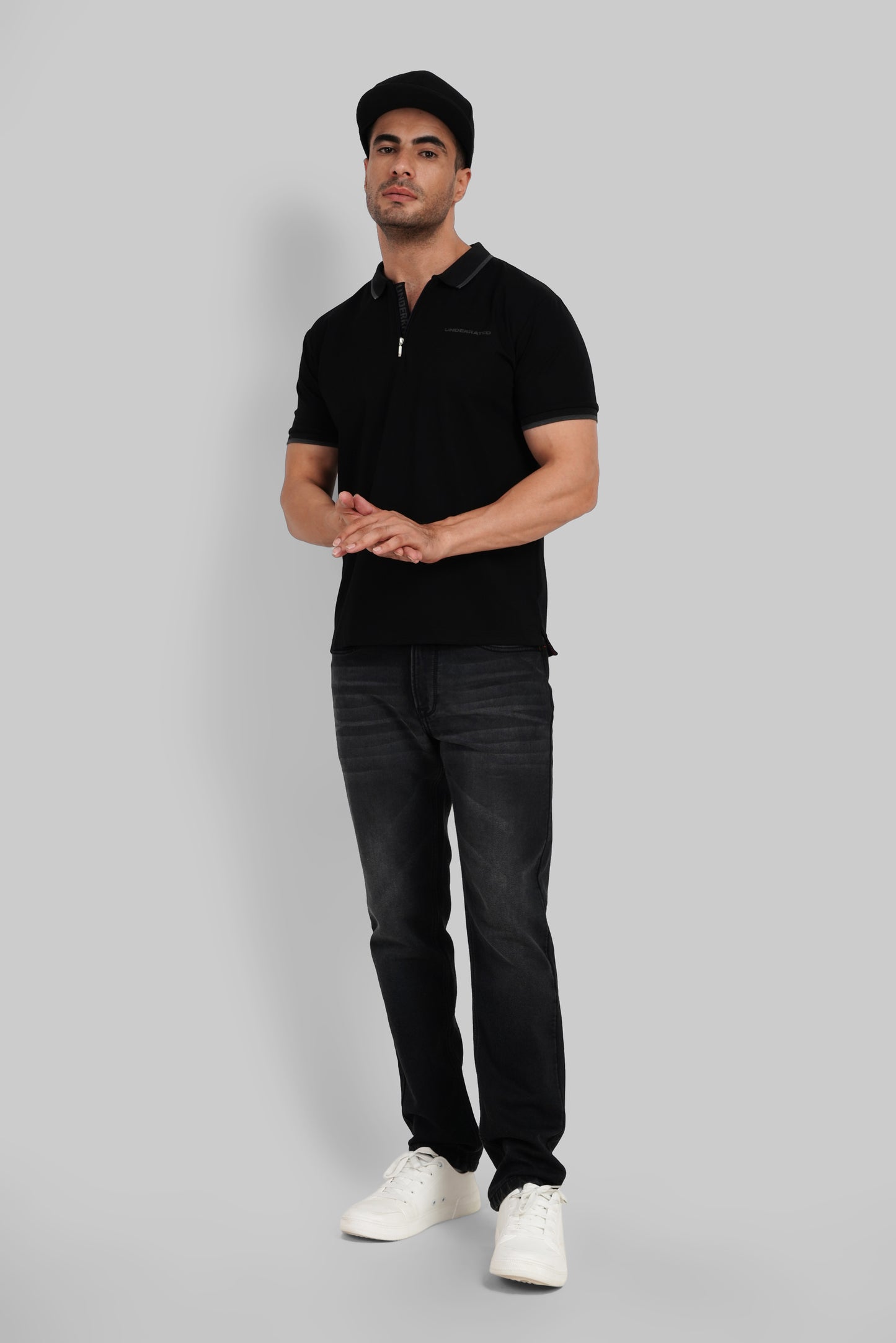 Black Zipper Placket Polo T-Shirt