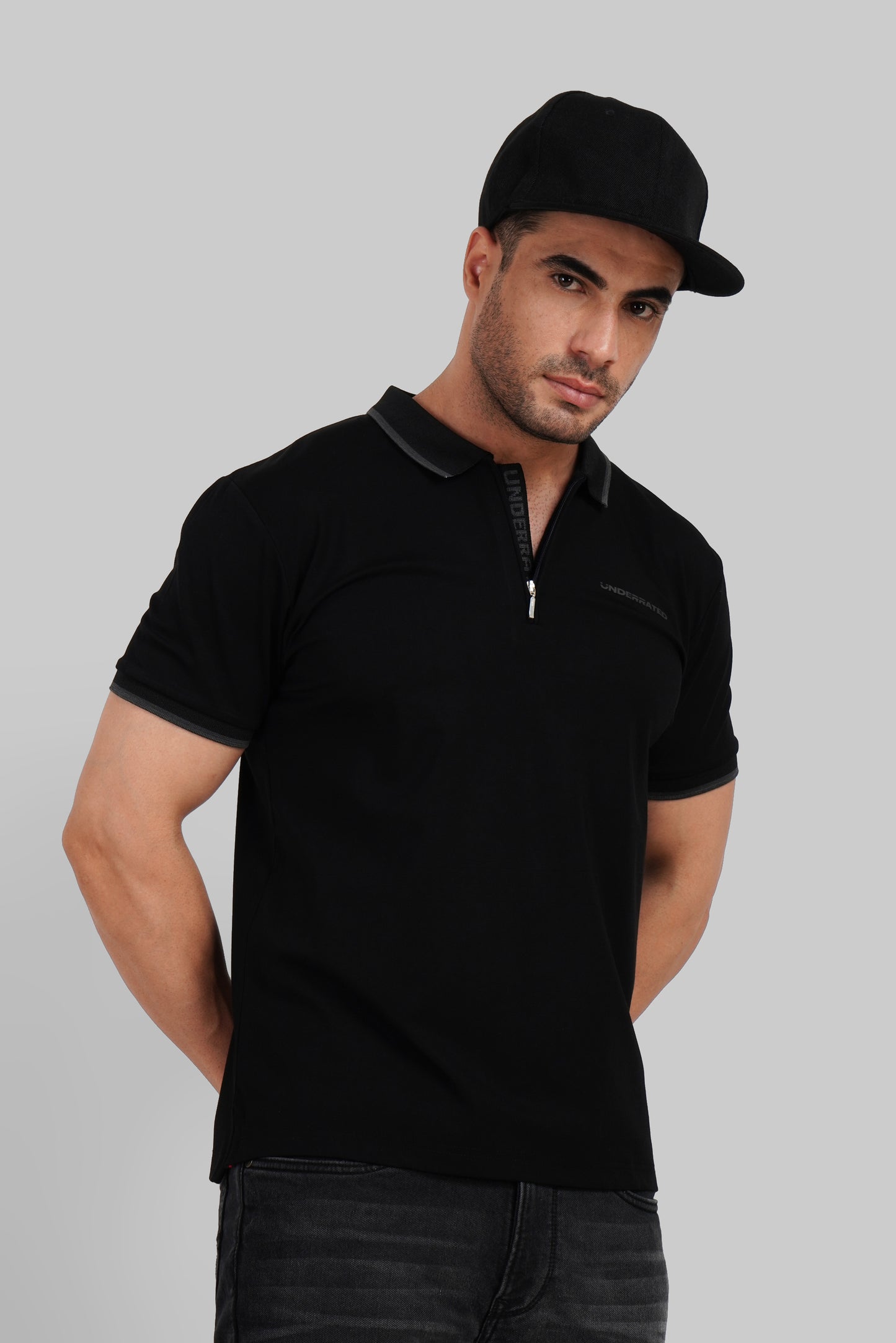 Black Zipper Placket Polo T-Shirt