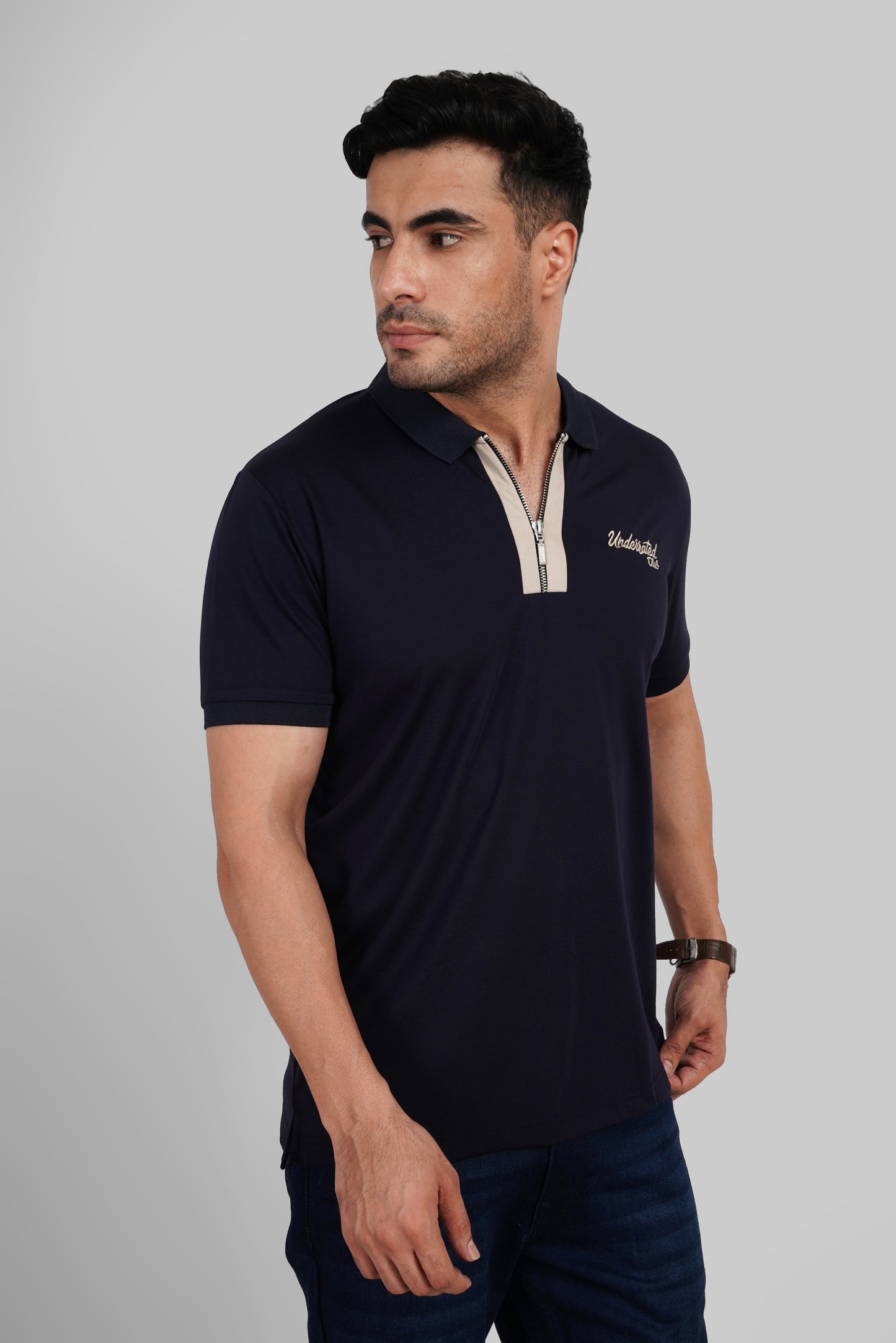 Navy Contrast Zipper Placket Polo T-Shirt