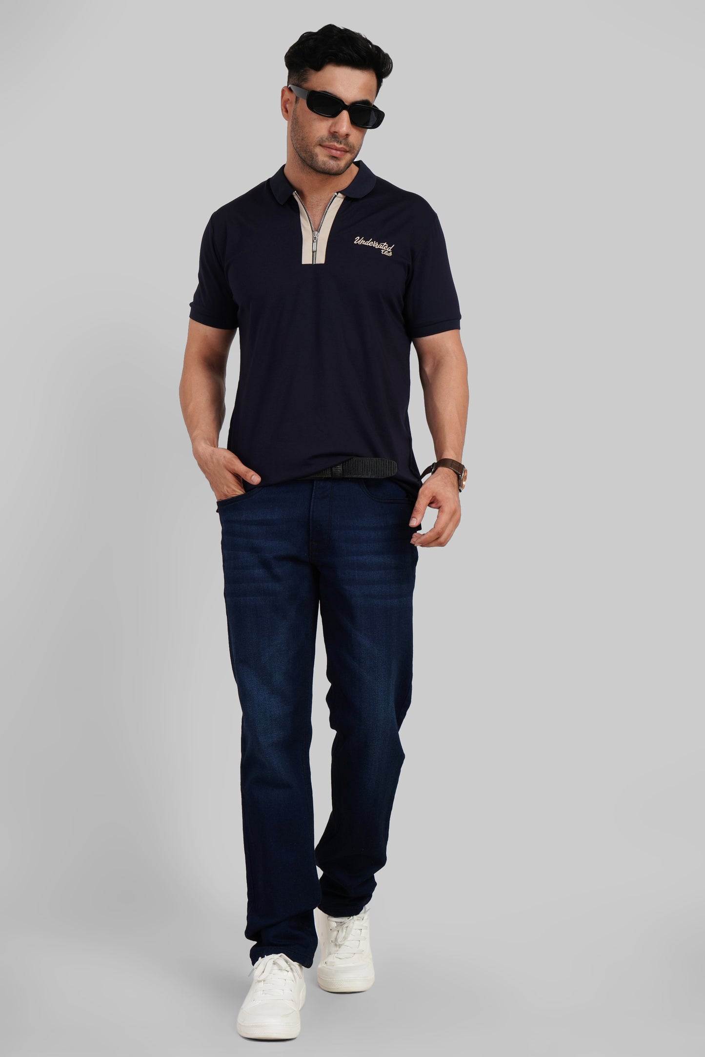 Navy Contrast Zipper Placket Polo T-Shirt