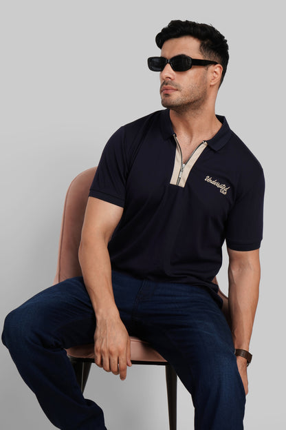 Navy Contrast Zipper Placket Polo T-Shirt