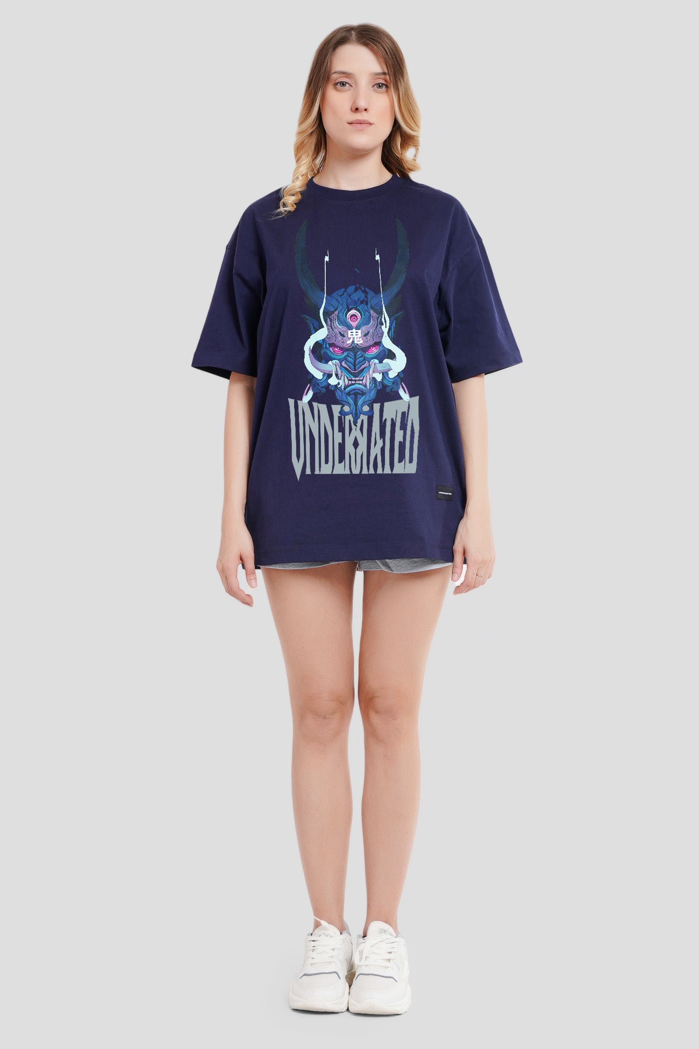 Samurai Vendetta Navy Blue Printed T Shirt Women Oversized Fit With Front And Back Design Pic 1