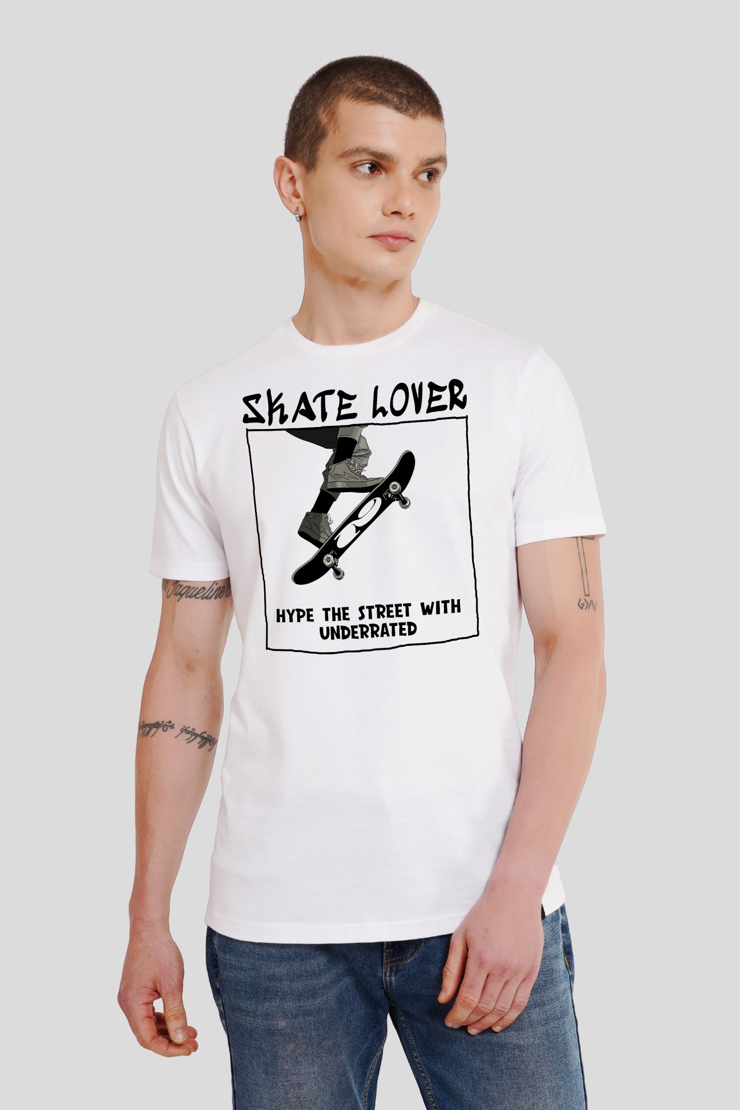 Skate Lover White Printed T Shirt Men Regular Fit With Front Design Pic 1