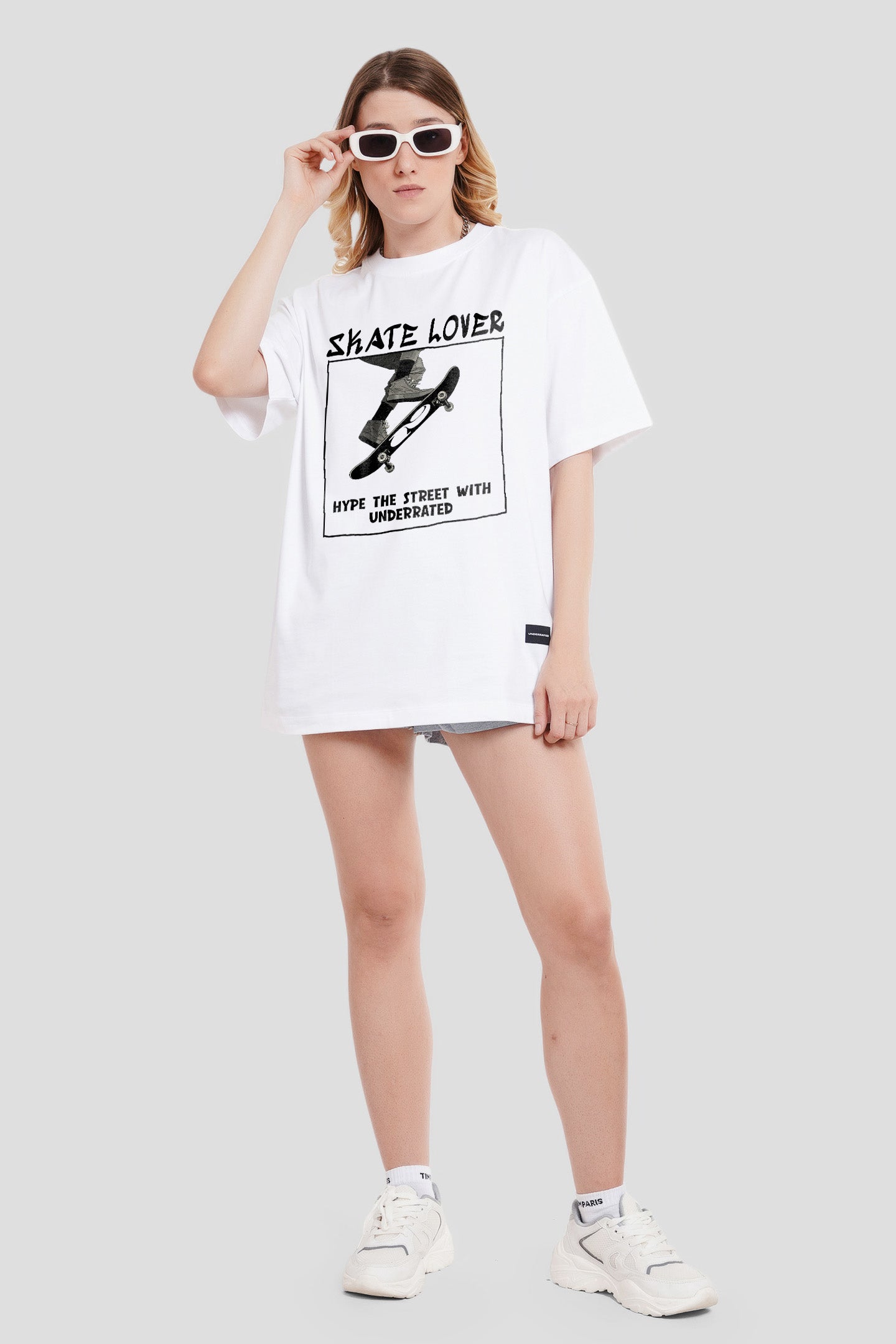 Skate Lover White Printed T-Shirt Women Oversized Fit