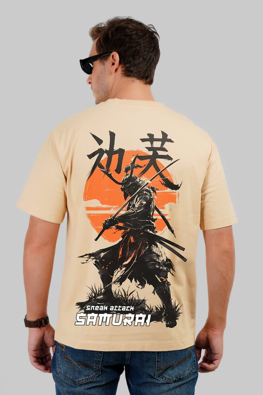 Sunset Warrior Beige Oversized Fit T-Shirt Men Pic 1