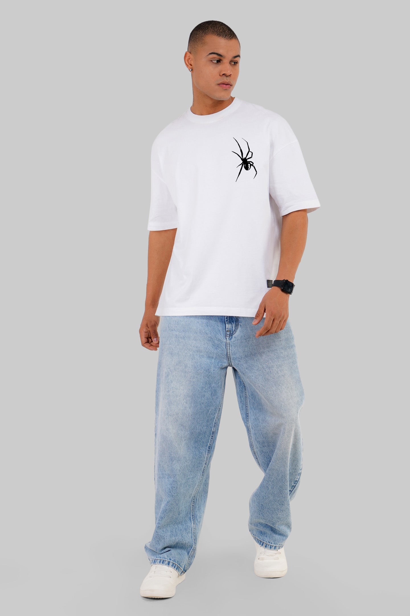 Spider Print White Baggy Fit T-Shirt Men Pic 4