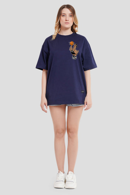 Sporty Navy Blue Printed T Shirt Women Oversized Fit With Front And Back Design Pic 1