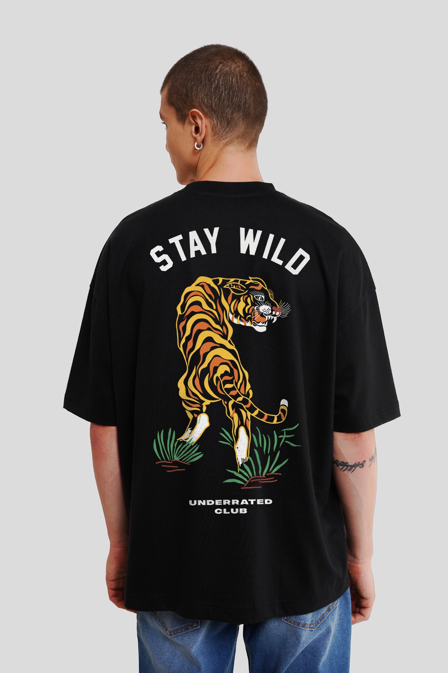 Stay Wild Tiger Black Printed T-Shirt Men Baggy Fit