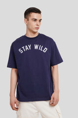 Stay Wild Tiger Navy Blue Printed T Shirt Men Oversized Fit With Front And Back Design Pic 1