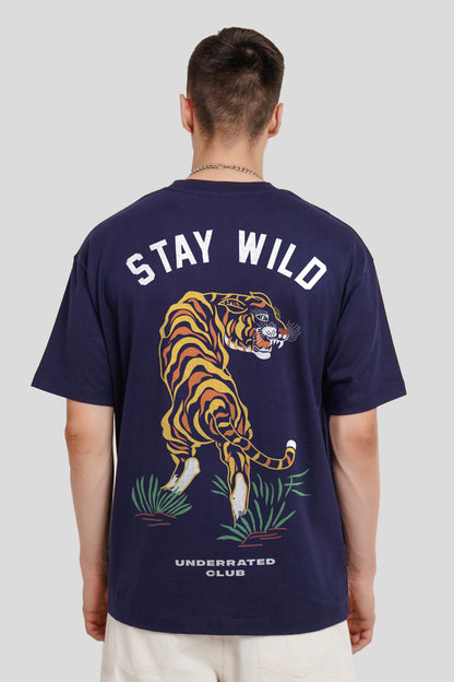 Stay Wild Tiger Navy Blue Printed T Shirt Men Oversized Fit With Front And Back Design Pic 2