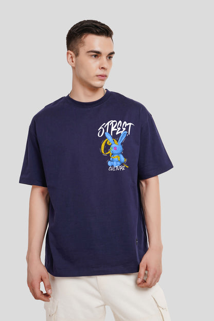 Street Culture Navy Blue Printed T Shirt Men Oversized Fit With Front And Back Design Pic 1